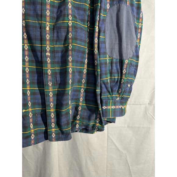 Vintage Shirt Mens Large Blue Plaid Aztec Button Elbow Patch Western Green - Picture 7 of 10